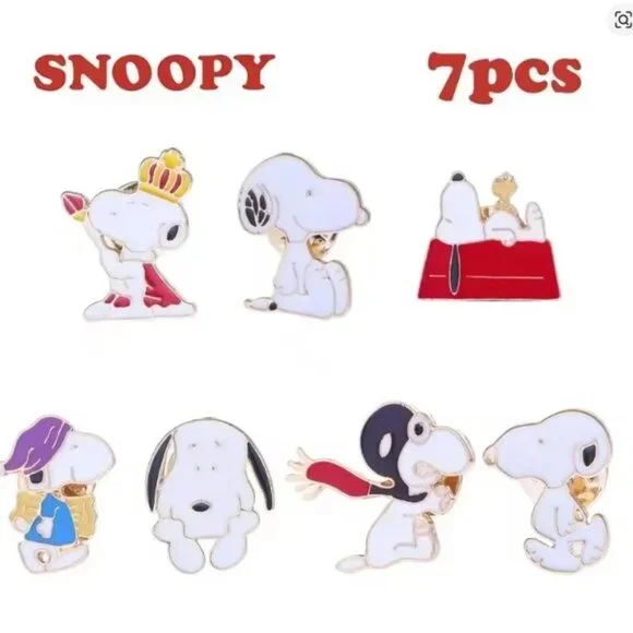 Snoopy 7 Piece Enamel Pin Set Cute Peanuts Cartoon Collectibles - Picture 1 of 8